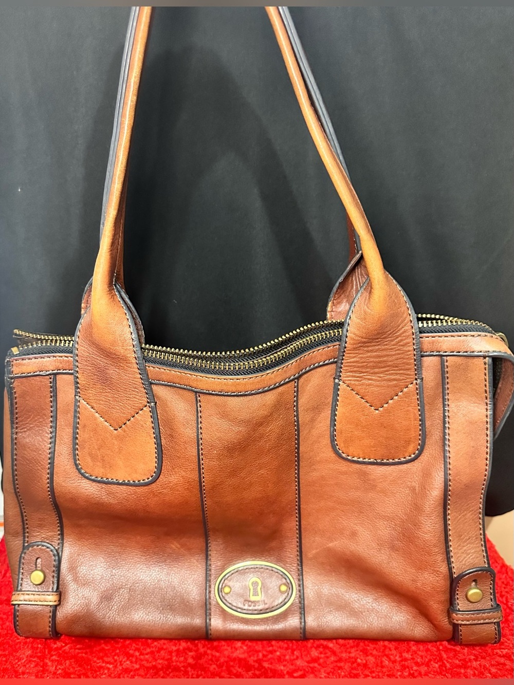 Vintage Fossil Cognac Brown Leather Double-Handle Shoulder Bag